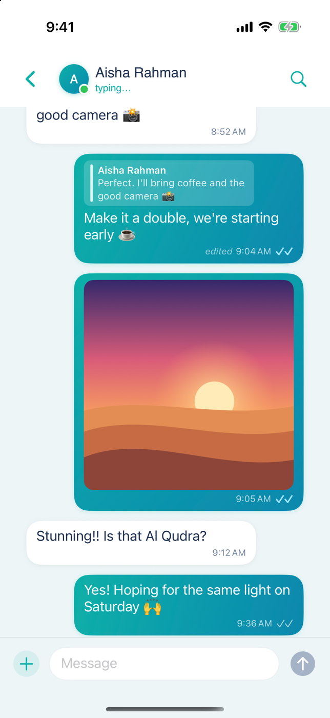 A one-on-one Simit conversation with a quoted reply, an edited message, a shared sunset photo and read receipts