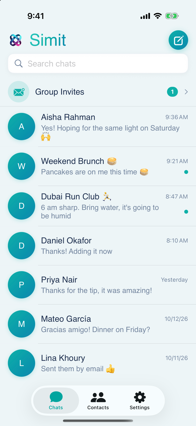 Simit chat list with a search bar, a Group Invites row and recent one-on-one and group conversations