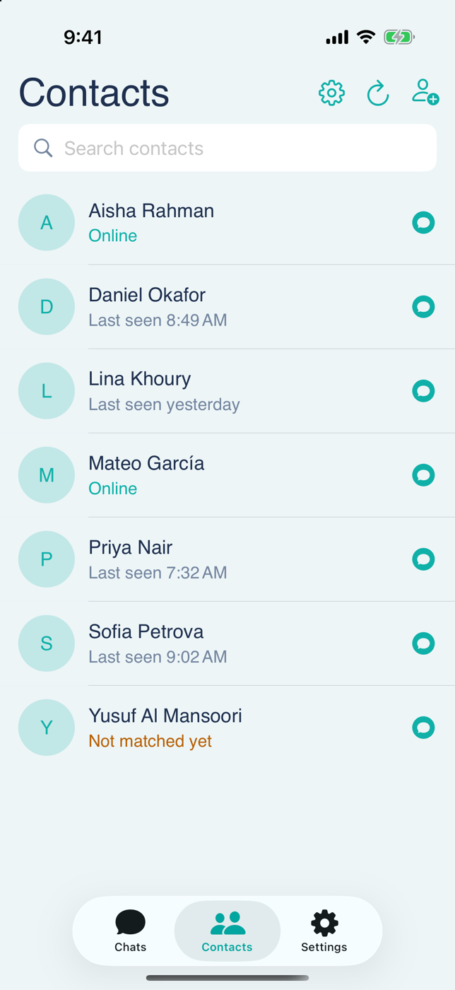 The Simit contacts screen listing friends with their online status, one marked Not matched yet