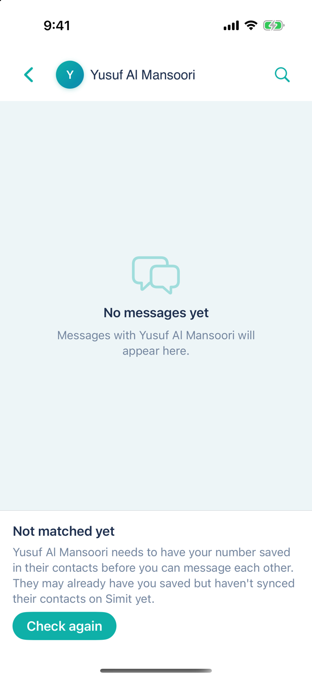 A Simit direct chat showing the Not matched yet banner with a Check again button